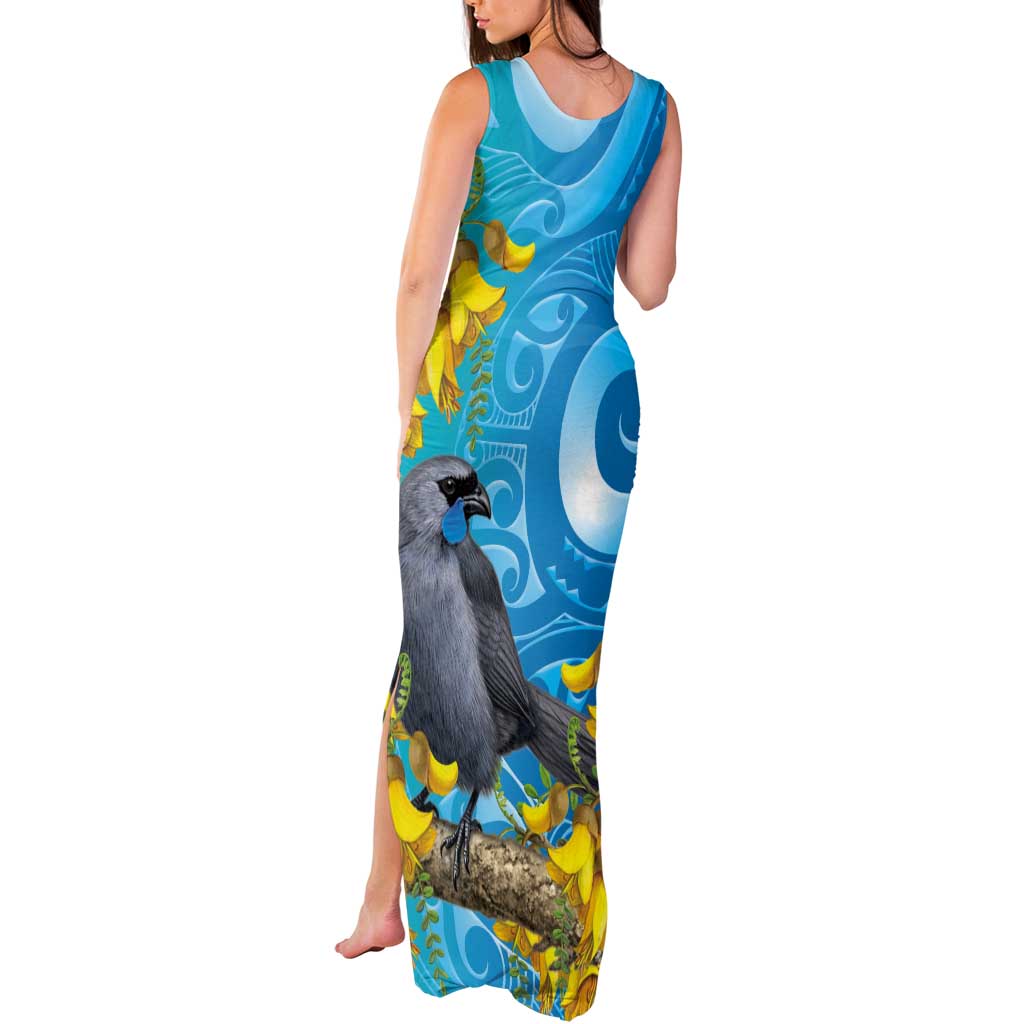 New Zealand Kokako Bird Tank Maxi Dress Maori Koru With Kowhai Flowers - Aussie Hoodie