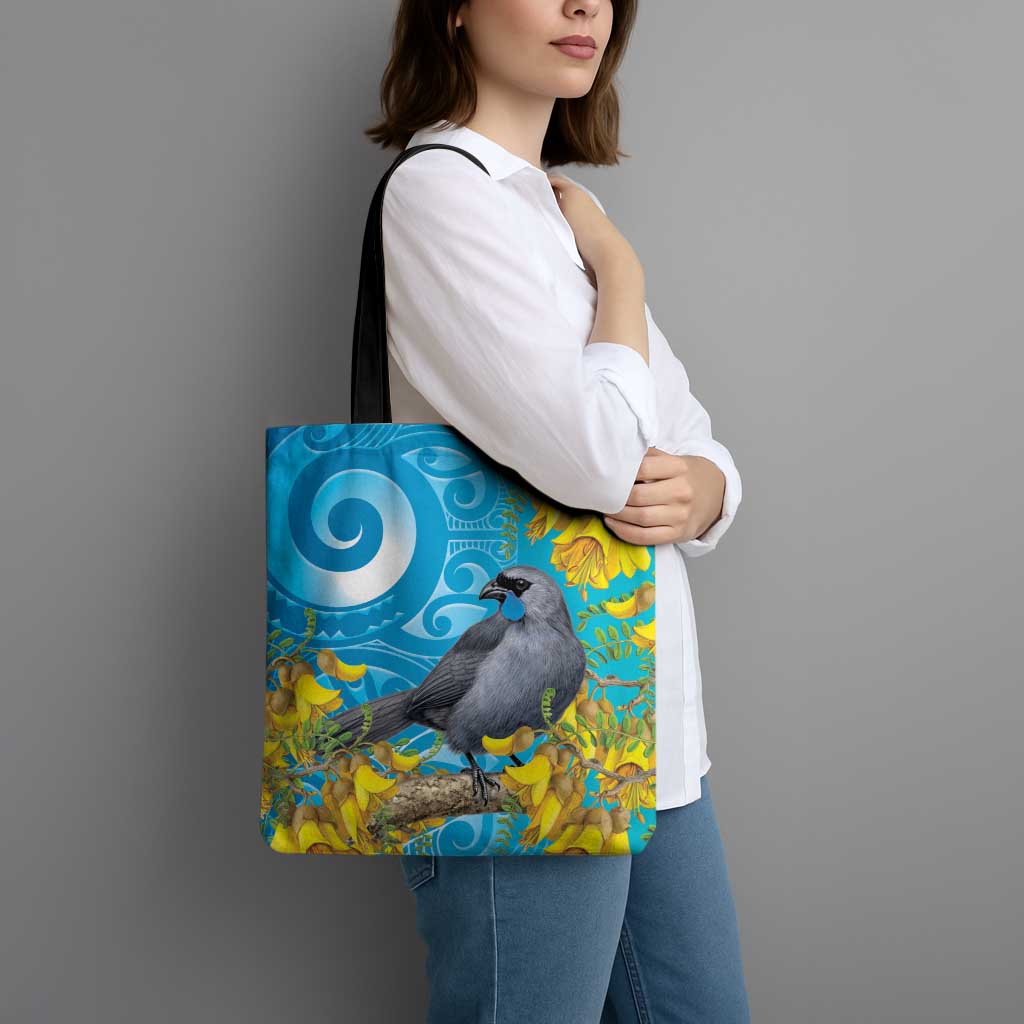New Zealand Kokako Bird Tote Bag Maori Koru With Kowhai Flowers - Aussie Hoodie