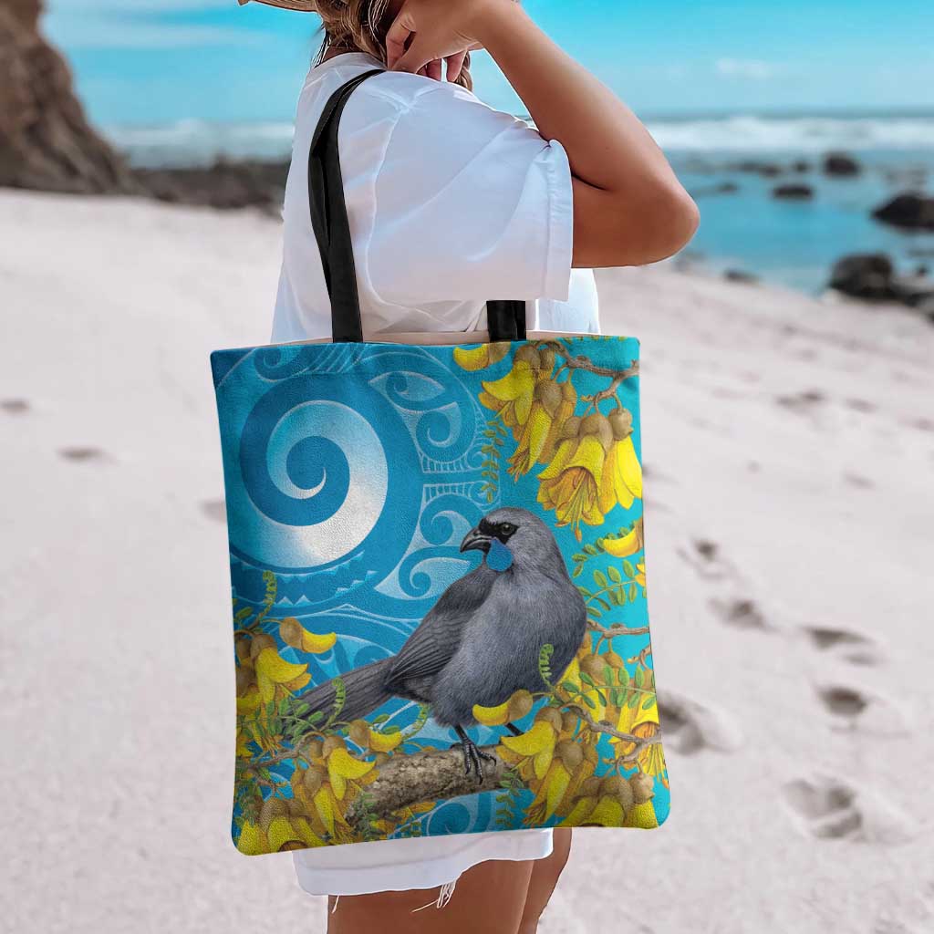 New Zealand Kokako Bird Tote Bag Maori Koru With Kowhai Flowers - Aussie Hoodie