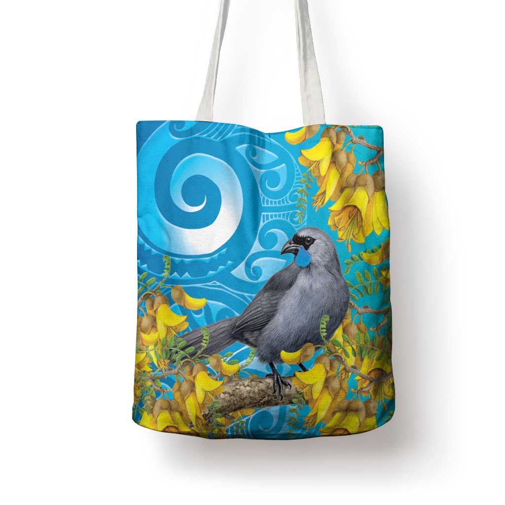 New Zealand Kokako Bird Tote Bag Maori Koru With Kowhai Flowers - Aussie Hoodie