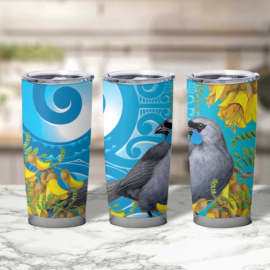 New Zealand Kokako Bird Tumbler Cup Maori Koru With Kowhai Flowers - Aussie Hoodie