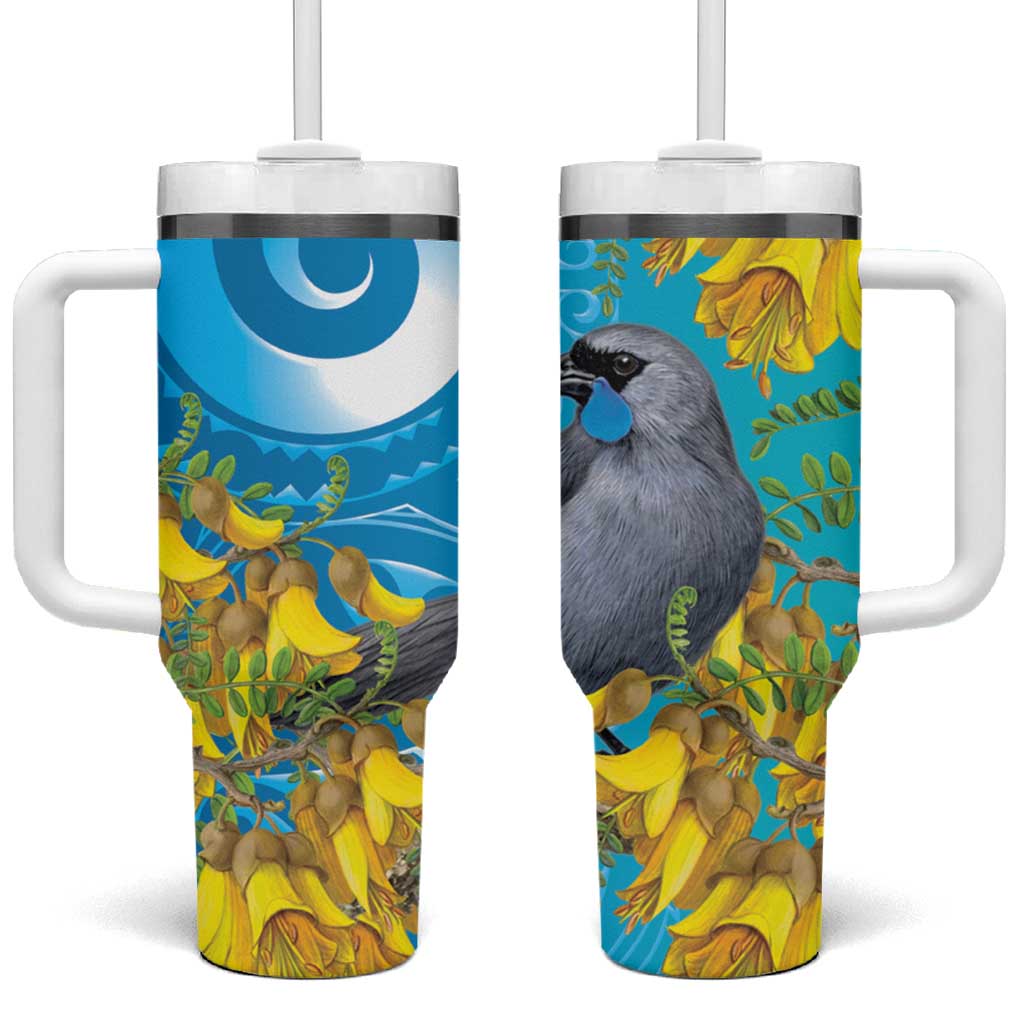 New Zealand Kokako Bird Tumbler With Handle Maori Koru With Kowhai Flowers - Aussie Hoodie