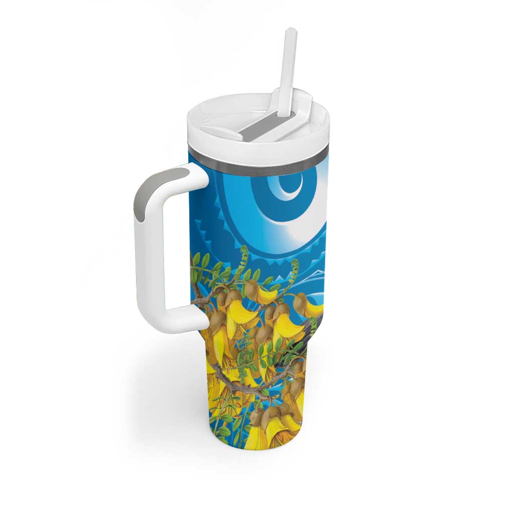 New Zealand Kokako Bird Tumbler With Handle Maori Koru With Kowhai Flowers - Aussie Hoodie