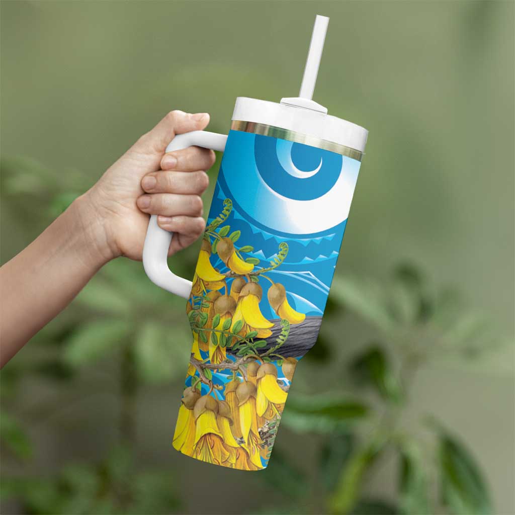 New Zealand Kokako Bird Tumbler With Handle Maori Koru With Kowhai Flowers - Aussie Hoodie