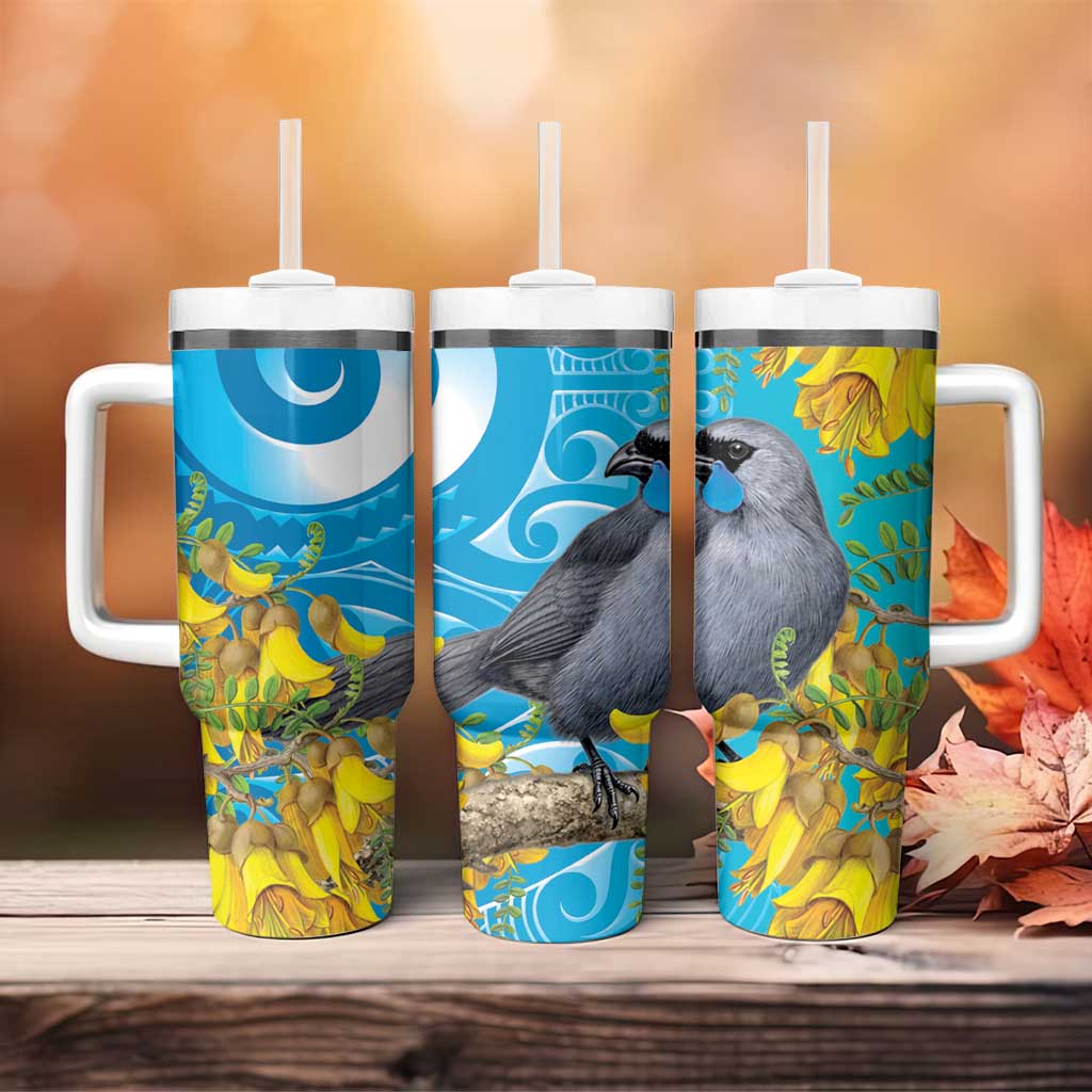 New Zealand Kokako Bird Tumbler With Handle Maori Koru With Kowhai Flowers - Aussie Hoodie