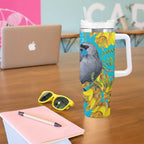 New Zealand Kokako Bird Tumbler With Handle Maori Koru With Kowhai Flowers - Aussie Hoodie