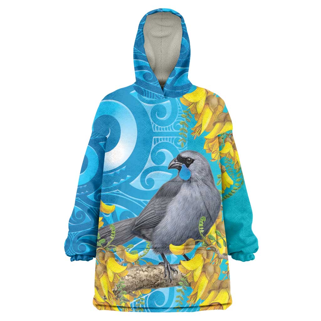 New Zealand Kokako Bird Wearable Blanket Hoodie Maori Koru With Kowhai Flowers - Aussie Hoodie