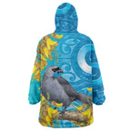 New Zealand Kokako Bird Wearable Blanket Hoodie Maori Koru With Kowhai Flowers - Aussie Hoodie