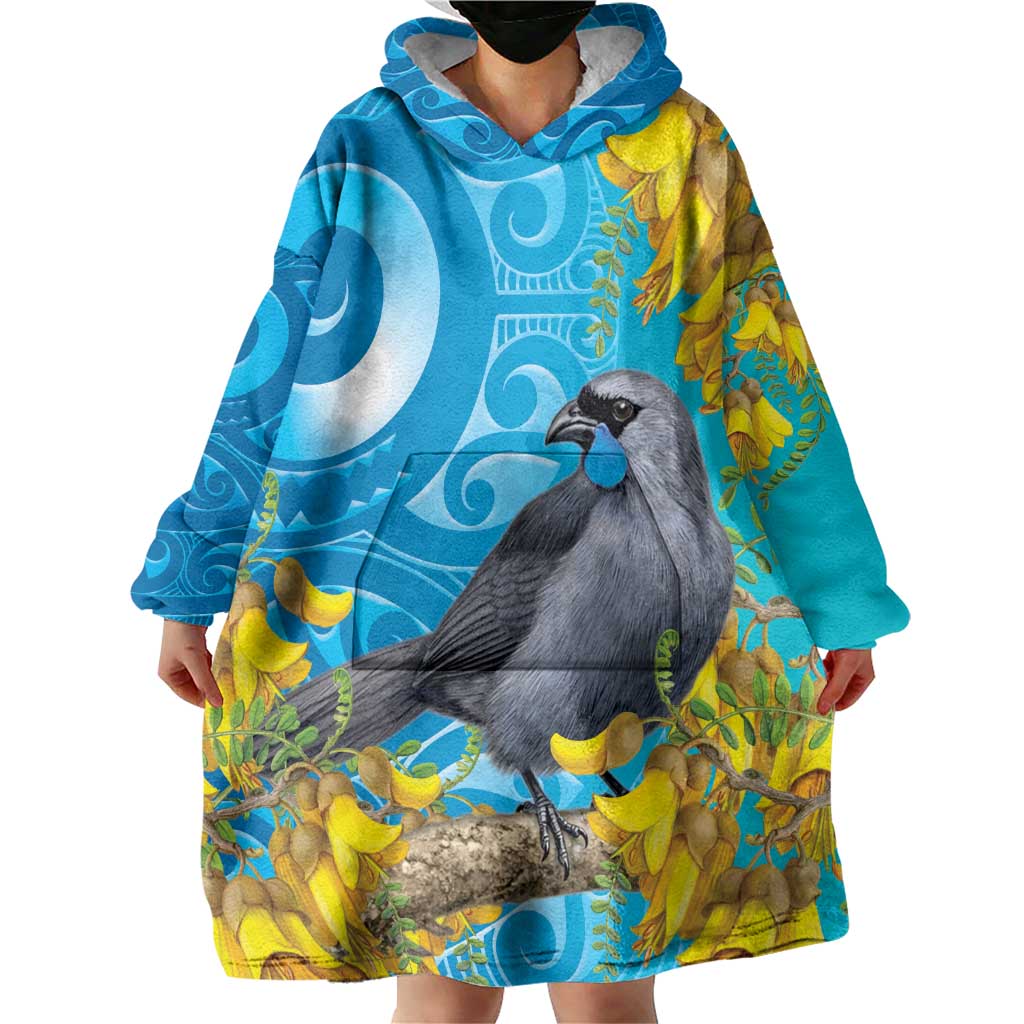 New Zealand Kokako Bird Wearable Blanket Hoodie Maori Koru With Kowhai Flowers - Aussie Hoodie