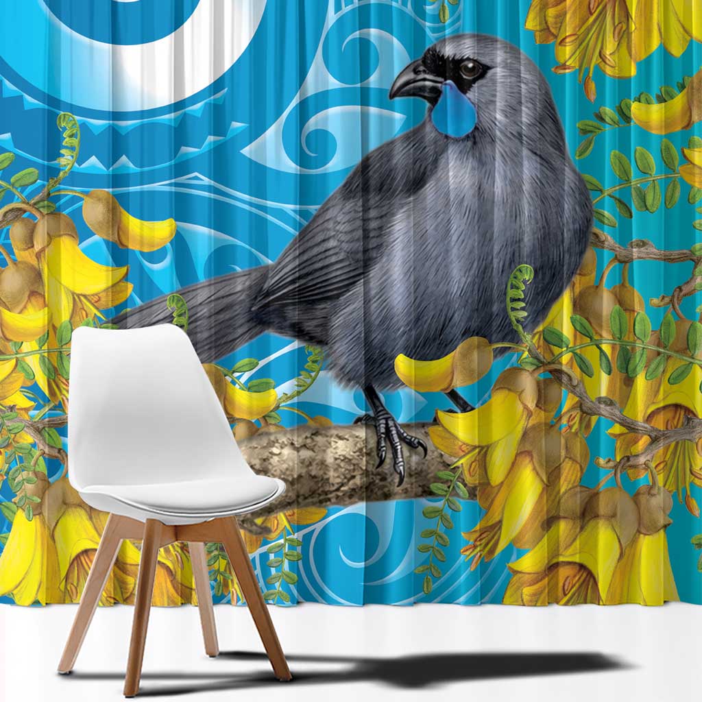 New Zealand Kokako Bird Window Curtain Maori Koru With Kowhai Flowers - Aussie Hoodie