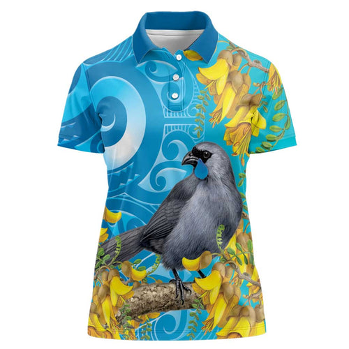 New Zealand Kokako Bird Women Polo Shirt Maori Koru With Kowhai Flowers - Aussie Hoodie