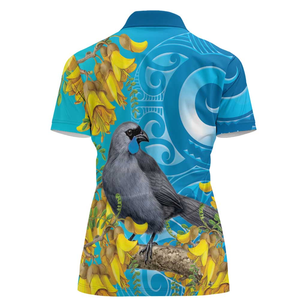 New Zealand Kokako Bird Women Polo Shirt Maori Koru With Kowhai Flowers - Aussie Hoodie