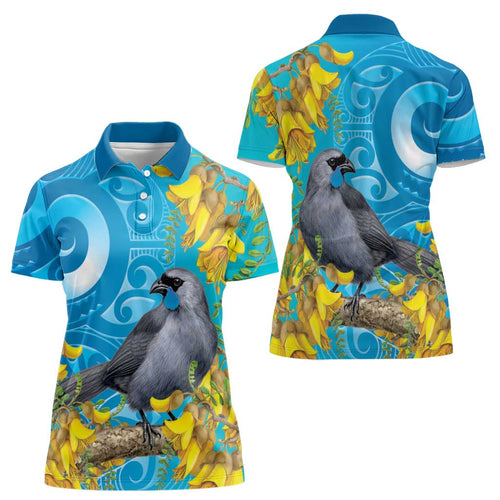 New Zealand Kokako Bird Women Polo Shirt Maori Koru With Kowhai Flowers - Aussie Hoodie