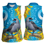 New Zealand Kokako Bird Women Sleeveless Polo Shirt Maori Koru With Kowhai Flowers - Aussie Hoodie