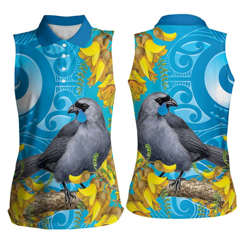 New Zealand Kokako Bird Women Sleeveless Polo Shirt Maori Koru With Kowhai Flowers - Aussie Hoodie