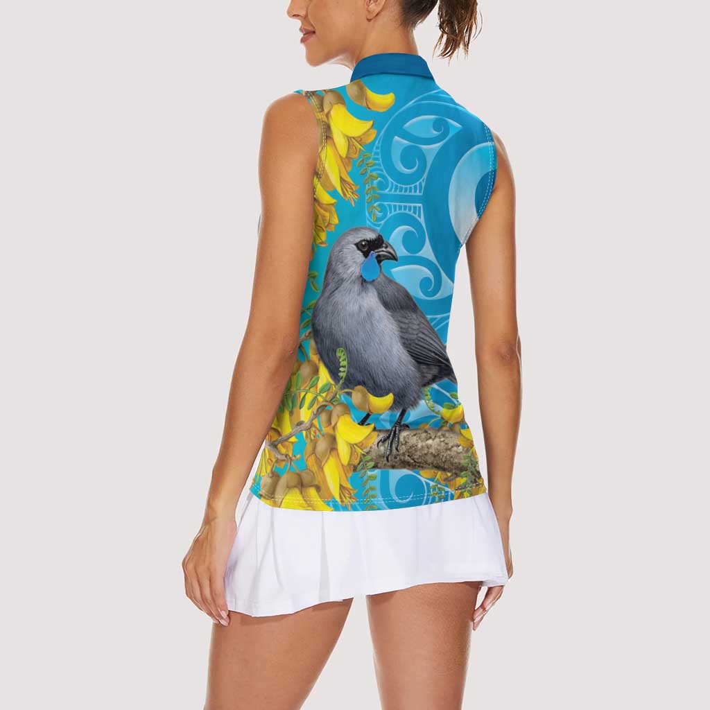 New Zealand Kokako Bird Women Sleeveless Polo Shirt Maori Koru With Kowhai Flowers - Aussie Hoodie