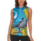 New Zealand Kokako Bird Women Sleeveless Polo Shirt Maori Koru With Kowhai Flowers - Aussie Hoodie