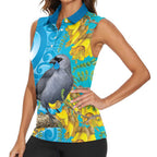 New Zealand Kokako Bird Women Sleeveless Polo Shirt Maori Koru With Kowhai Flowers - Aussie Hoodie