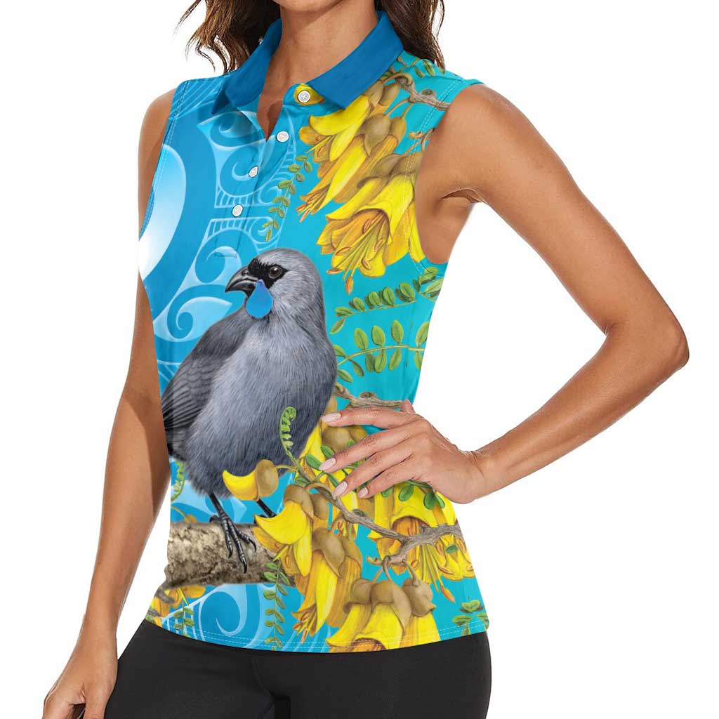 New Zealand Kokako Bird Women Sleeveless Polo Shirt Maori Koru With Kowhai Flowers - Aussie Hoodie