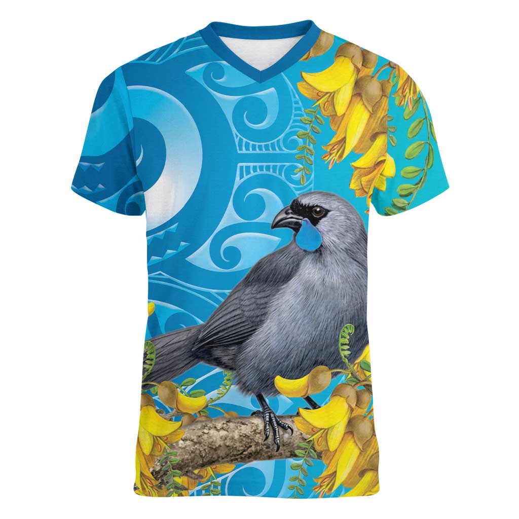 New Zealand Kokako Bird Women V-Neck T-Shirt Maori Koru With Kowhai Flowers - Aussie Hoodie