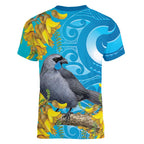 New Zealand Kokako Bird Women V-Neck T-Shirt Maori Koru With Kowhai Flowers - Aussie Hoodie