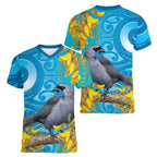 New Zealand Kokako Bird Women V-Neck T-Shirt Maori Koru With Kowhai Flowers - Aussie Hoodie