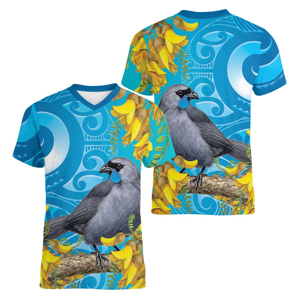 New Zealand Kokako Bird Women V-Neck T-Shirt Maori Koru With Kowhai Flowers - Aussie Hoodie
