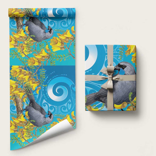 New Zealand Kokako Bird Wrapping Paper Maori Koru With Kowhai Flowers