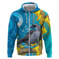 New Zealand Kokako Bird Zip Hoodie Maori Koru With Kowhai Flowers - Aussie Hoodie