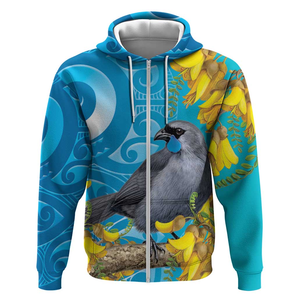 New Zealand Kokako Bird Zip Hoodie Maori Koru With Kowhai Flowers - Aussie Hoodie
