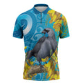 New Zealand Kokako Bird Zipper Polo Shirt Maori Koru With Kowhai Flowers - Aussie Hoodie