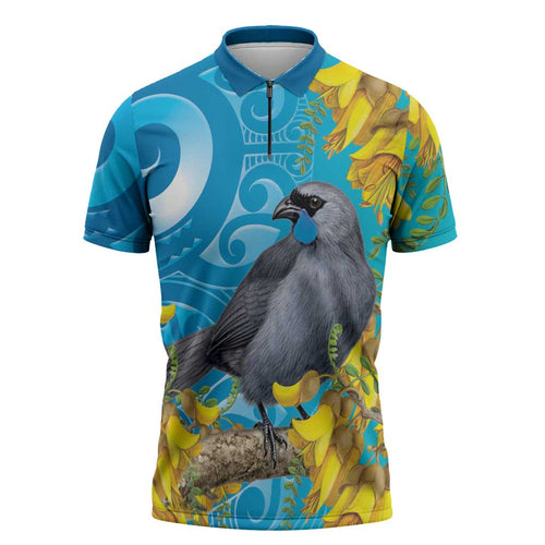 New Zealand Kokako Bird Zipper Polo Shirt Maori Koru With Kowhai Flowers - Aussie Hoodie