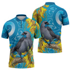 New Zealand Kokako Bird Zipper Polo Shirt Maori Koru With Kowhai Flowers - Aussie Hoodie