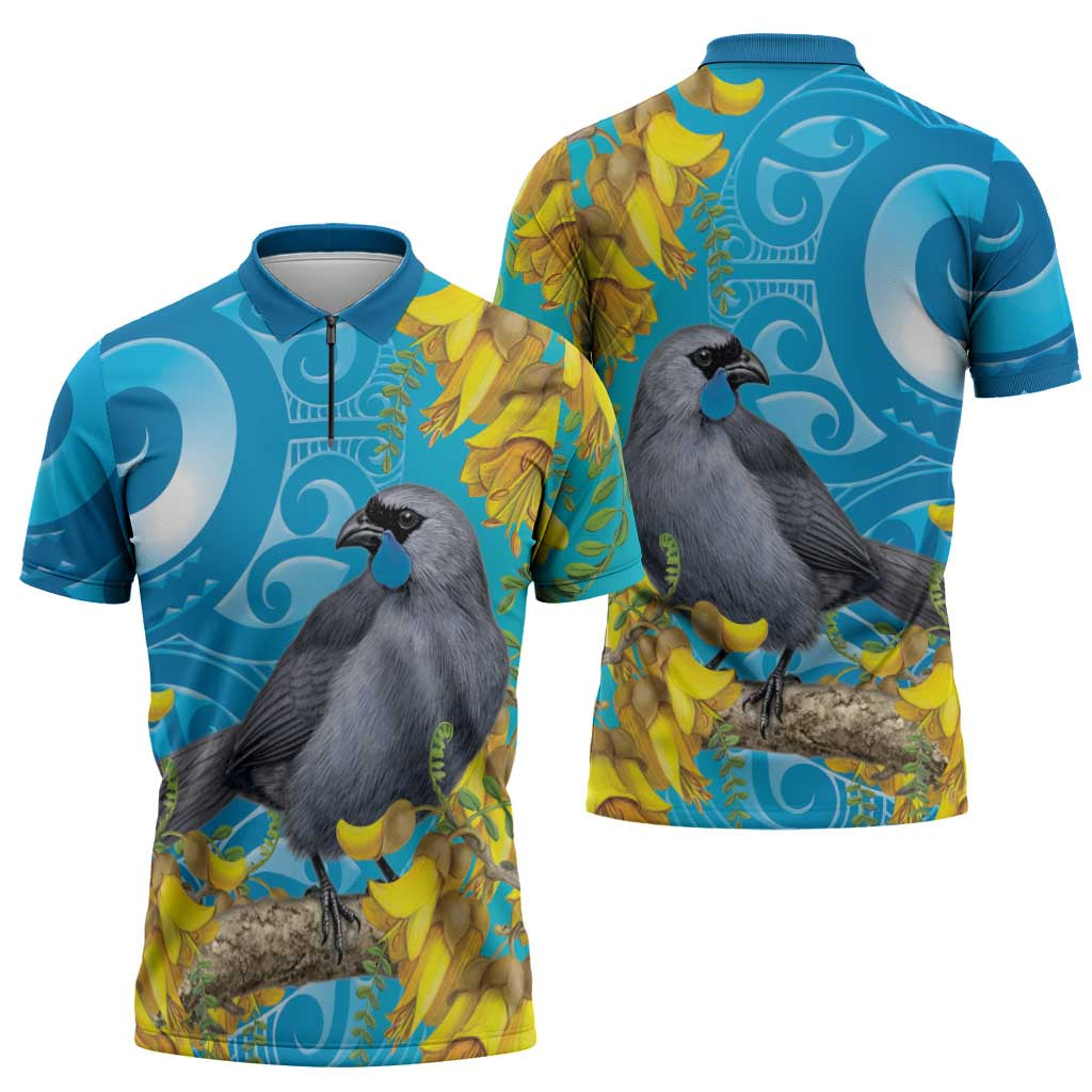New Zealand Kokako Bird Zipper Polo Shirt Maori Koru With Kowhai Flowers - Aussie Hoodie
