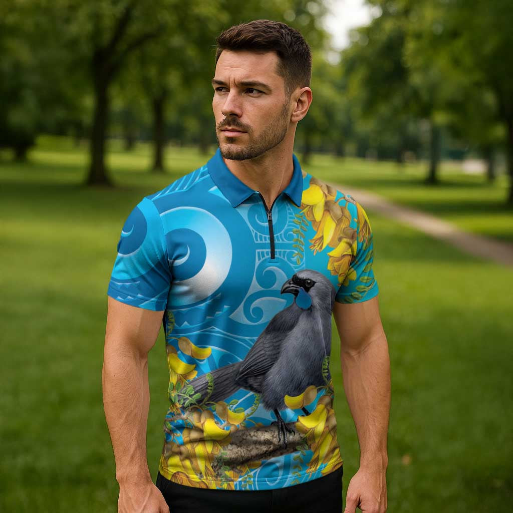 New Zealand Kokako Bird Zipper Polo Shirt Maori Koru With Kowhai Flowers - Aussie Hoodie