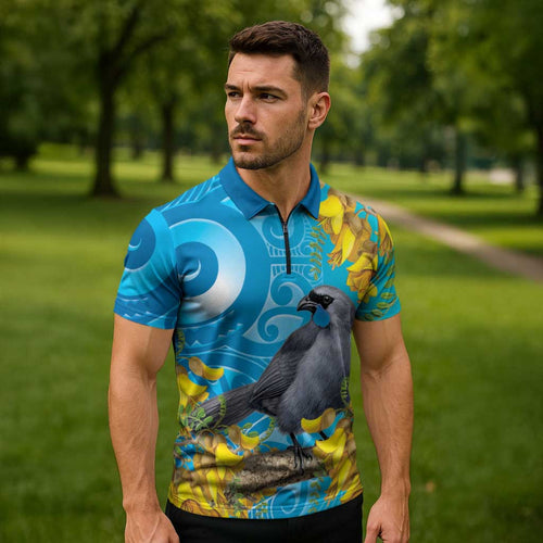New Zealand Kokako Bird Zipper Polo Shirt Maori Koru With Kowhai Flowers - Aussie Hoodie