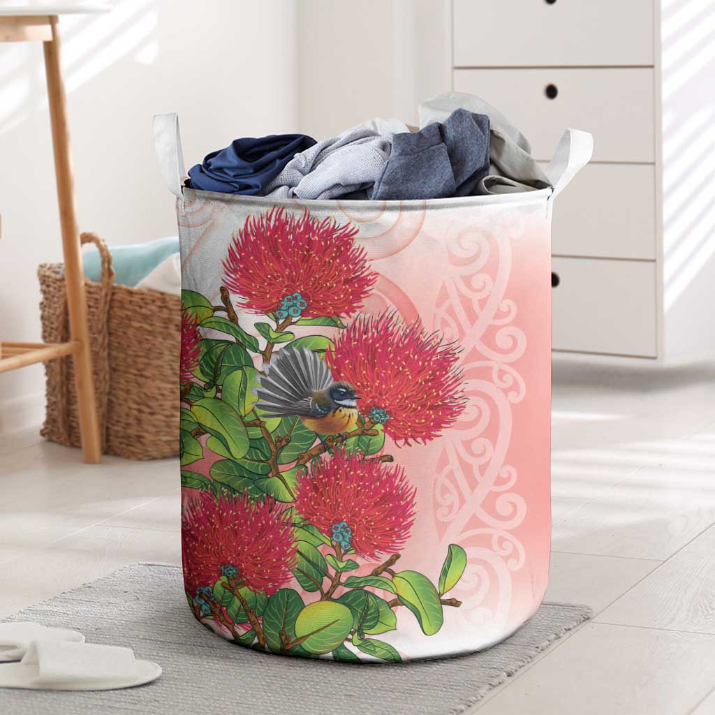 New Zealand Fantail Laundry Basket Maori Koru With Pohutukawa Flowers - Aussie Hoodie