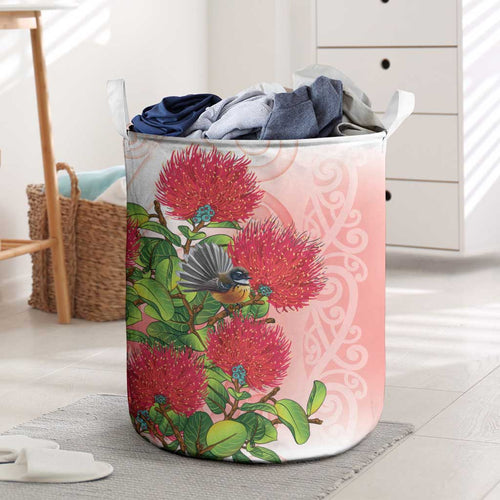 New Zealand Fantail Laundry Basket Maori Koru With Pohutukawa Flowers - Aussie Hoodie