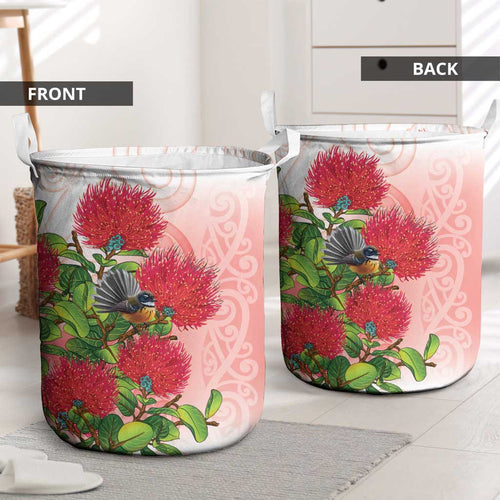 New Zealand Fantail Laundry Basket Maori Koru With Pohutukawa Flowers - Aussie Hoodie