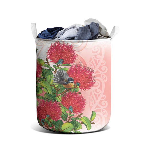 New Zealand Fantail Laundry Basket Maori Koru With Pohutukawa Flowers - Aussie Hoodie