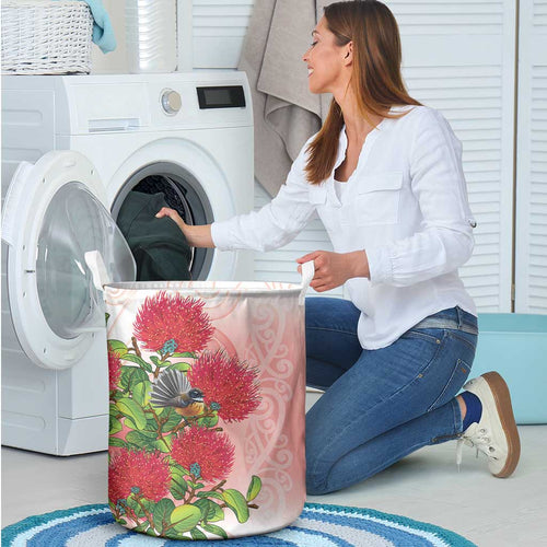 New Zealand Fantail Laundry Basket Maori Koru With Pohutukawa Flowers - Aussie Hoodie