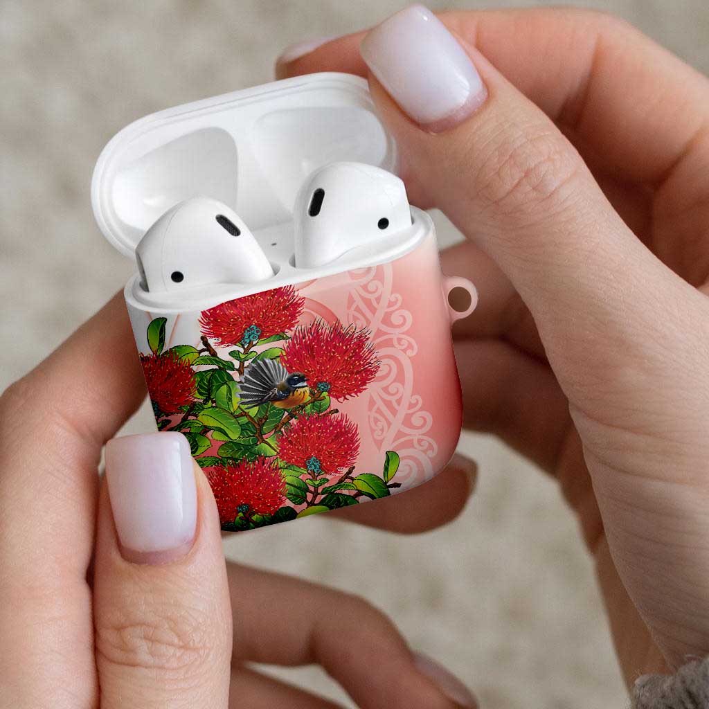 New Zealand Fantail AirPods Case Maori Koru With Pohutukawa Flowers - Aussie Hoodie
