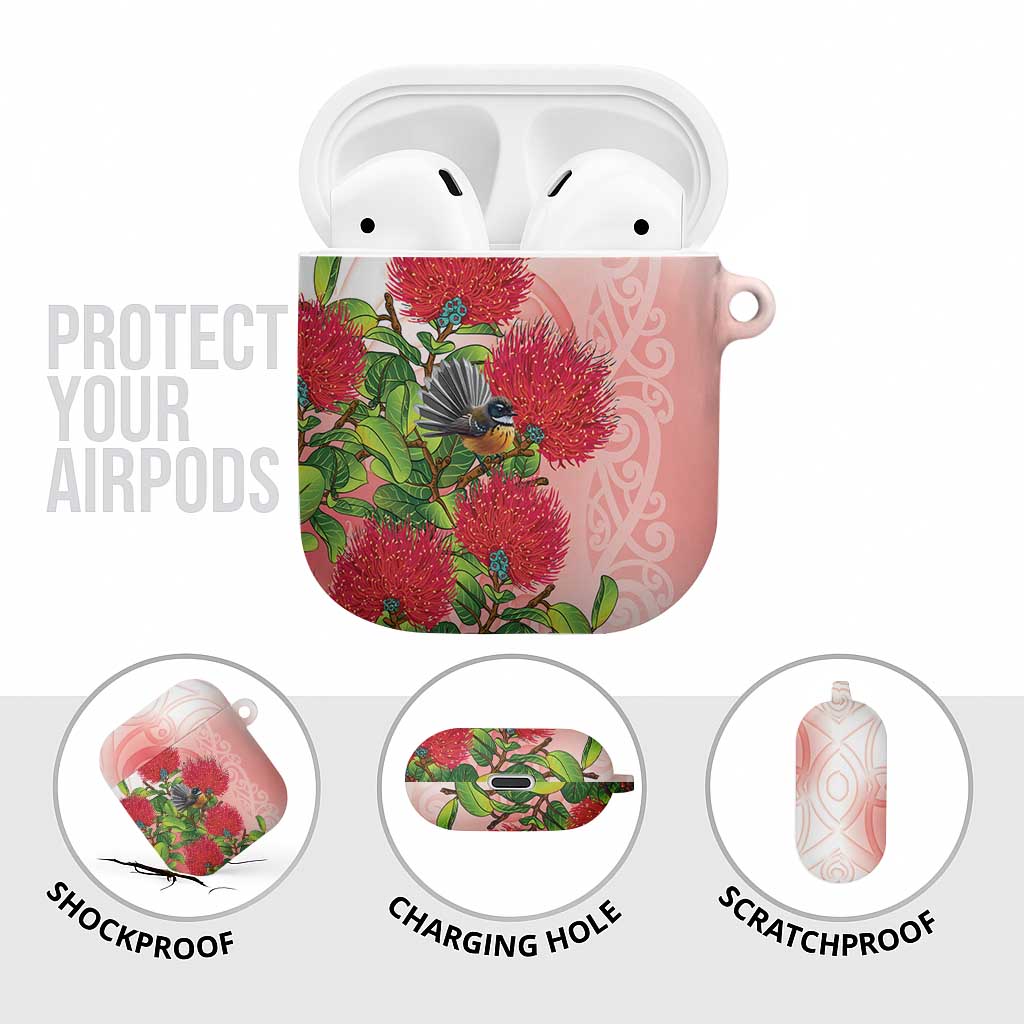 New Zealand Fantail AirPods Case Maori Koru With Pohutukawa Flowers - Aussie Hoodie