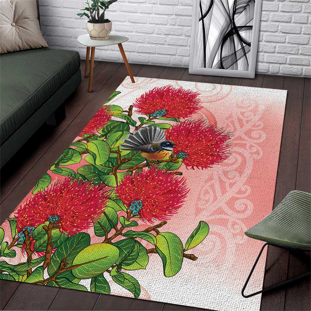 New Zealand Fantail Area Rug Maori Koru With Pohutukawa Flowers - Aussie Hoodie