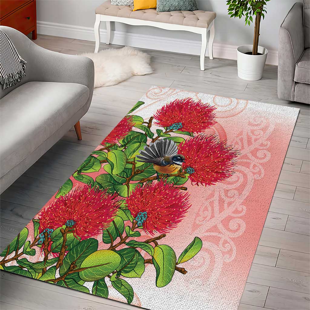 New Zealand Fantail Area Rug Maori Koru With Pohutukawa Flowers - Aussie Hoodie