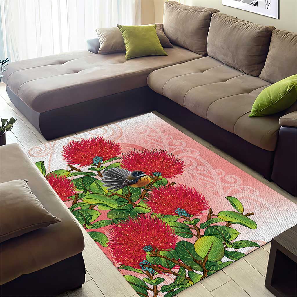 New Zealand Fantail Area Rug Maori Koru With Pohutukawa Flowers - Aussie Hoodie