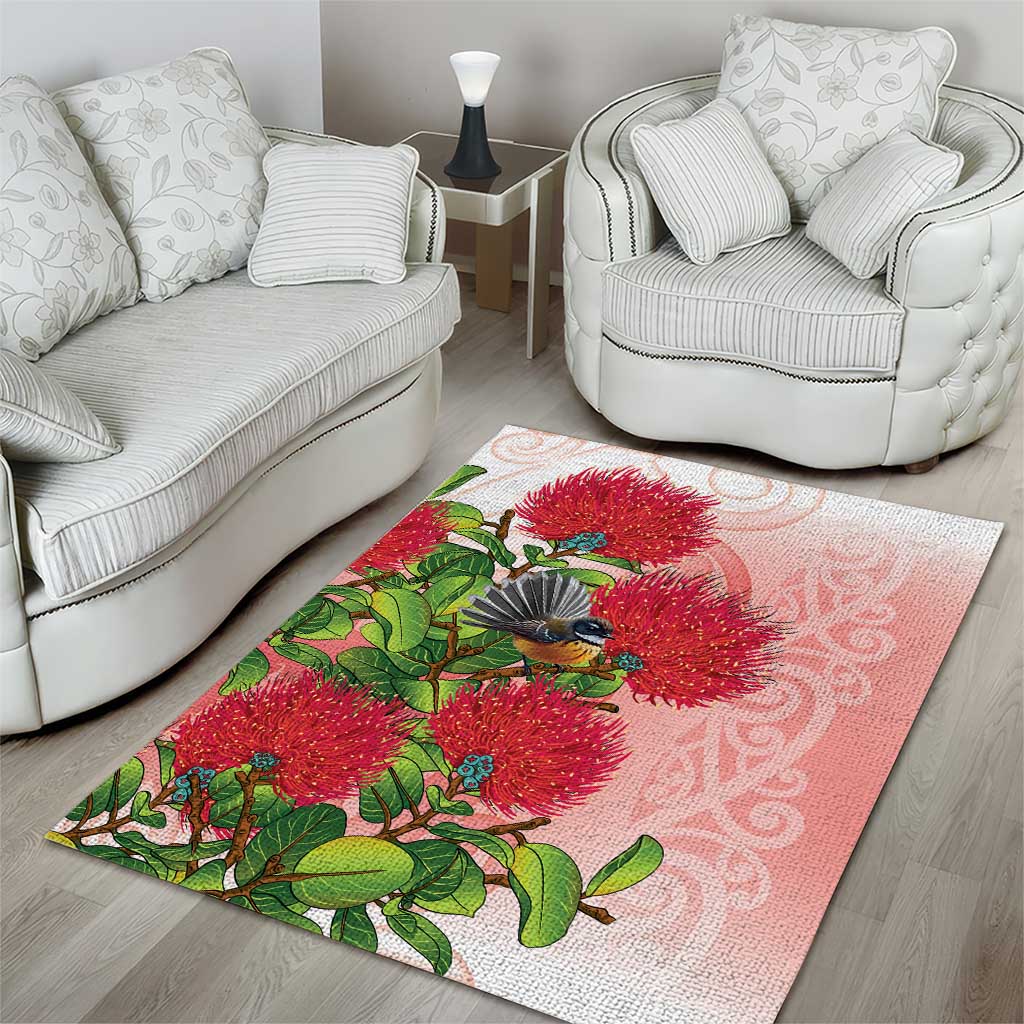 New Zealand Fantail Area Rug Maori Koru With Pohutukawa Flowers - Aussie Hoodie