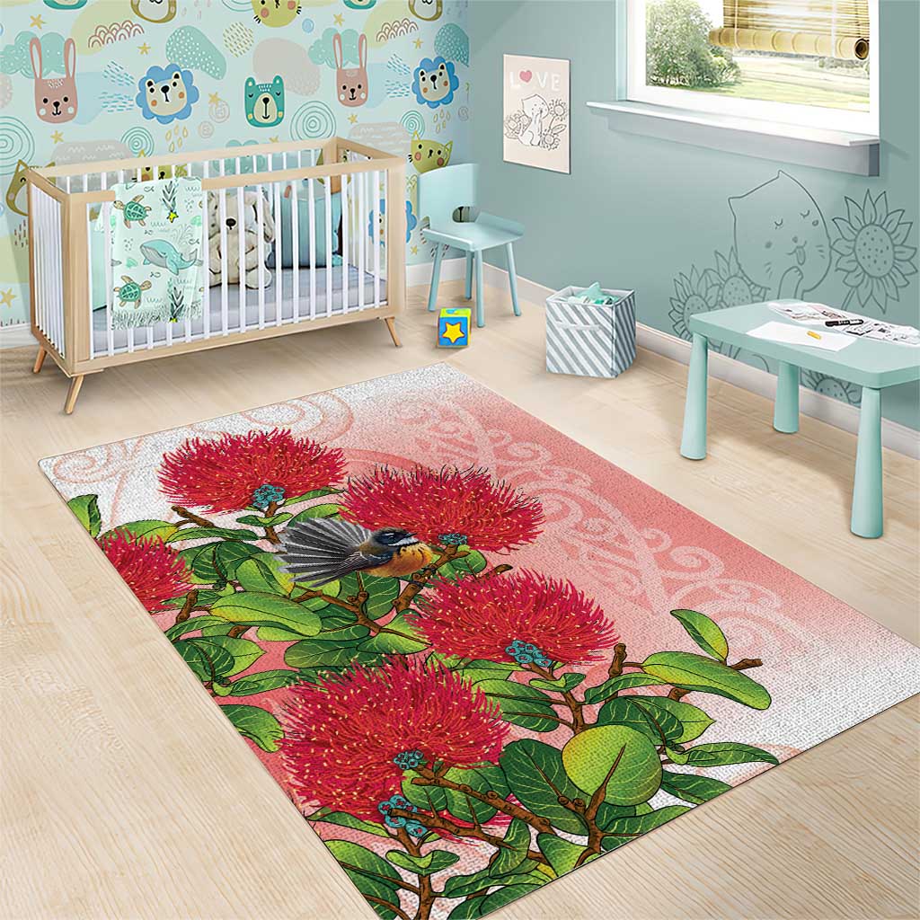 New Zealand Fantail Area Rug Maori Koru With Pohutukawa Flowers - Aussie Hoodie