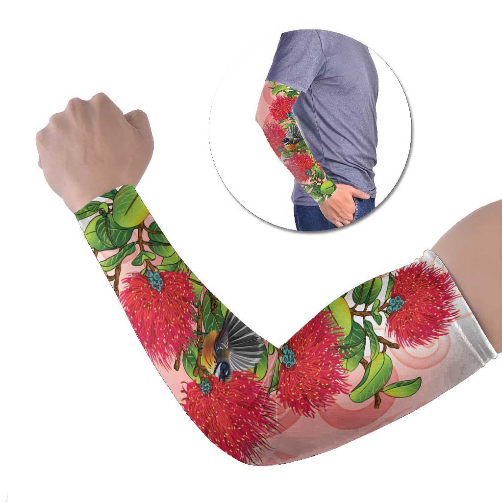 New Zealand Fantail Arm Sleeves Maori Koru With Pohutukawa Flowers - Aussie Hoodie