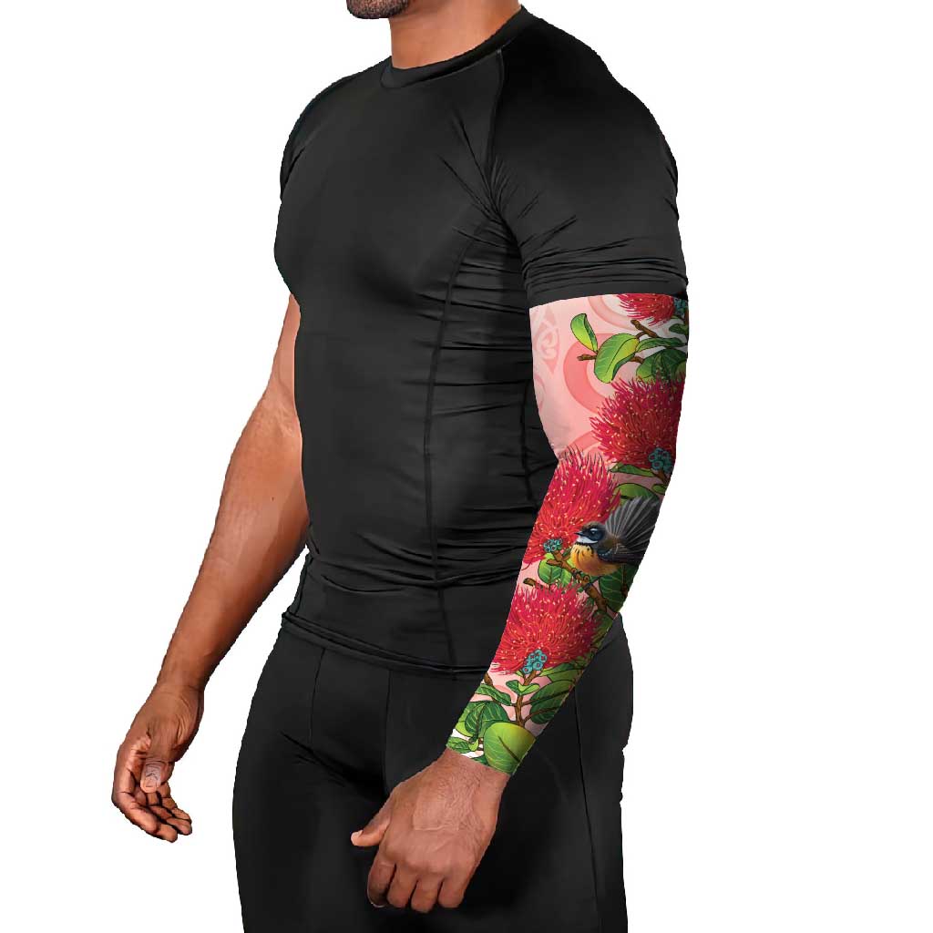 New Zealand Fantail Arm Sleeves Maori Koru With Pohutukawa Flowers - Aussie Hoodie